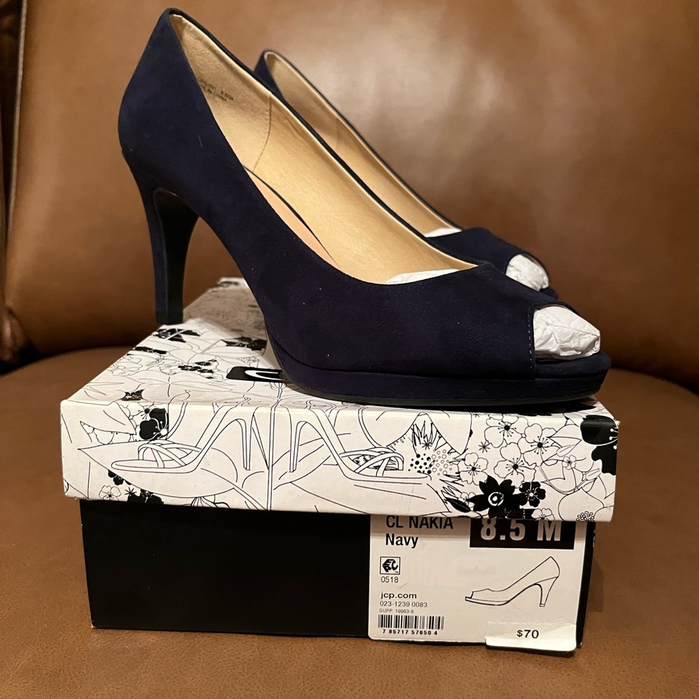 CL by Laundry Navy Suede Peep-Toe Heels